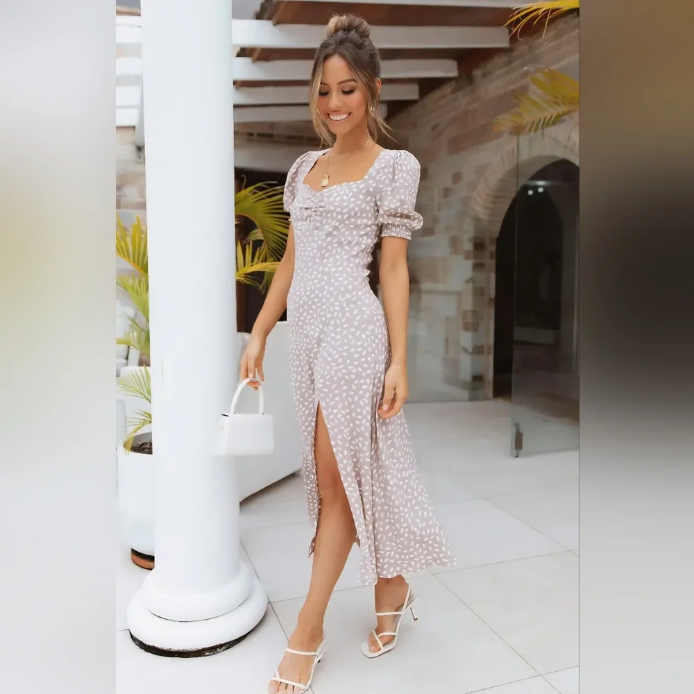 Petal & Pup Mocha Franklin Print Puff Sleeve Midi Dress - Size 2 - Picture 2 of 10